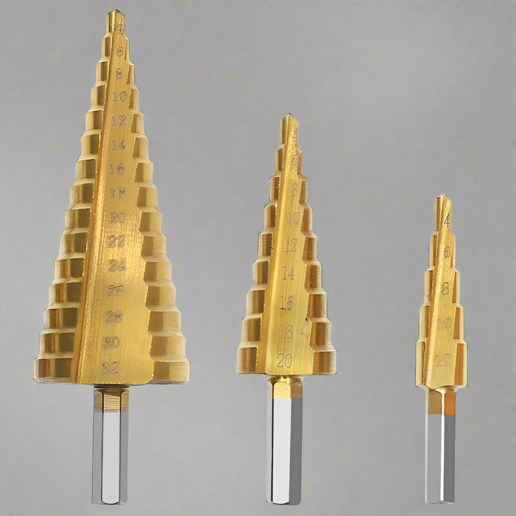 Set 3 burghie conice, Zola®, dimensiuni diferite, otel HSS acoperire cu titan, tip HEX, auriu Set 3 burghie conice, Zola®, dimensiuni diferite, otel HSS acoperire cu titan, tip HEX, auriu